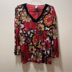 Sweet Pea Boho Chic Y2K Bold Artsy Floral Print V-Neck Double Mesh Top, Larger